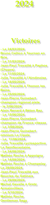 2024    Victoires - Le 24/03/2024 Bruno Callico  Tournan en Brie - Le 31/03/2024 Jean-Paul Travaill  Paphos (Chypre) - Le 11/05/2024 Julie Travaill  lAindinoise - Le 18/05/2024 Julie Travaill  Thonon les Bains - Le 25/05/2024 Jean-Pierre Guinebert champion rgional piste - le 2/06/2024 Alain Renard  Bton Baz. - Le 15/06/2024 Jean-Pierre Guinebert champion de France vitesse - Le 3/08/2024 Jean-Pierre Guinebert omnium La Cipale - Le  11/08/2024 Julie Travaill cyclosportive La Sainflorantaine - Le 24/08/2024 Matho Roche  Appoigny - Le 14/09/2024 Matho Roche  Champelay Le 29/09/2024 Jean-Paul Travaill aux Boucles du Gatinais - Le 29/09/2024 Michal Gavelle  Gretz Armainvilliers - Le 5/10/2024 Matho Roche  Gentleman Sagy