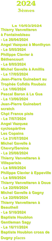 2024 3mes     Le 10/03/2024 Thierry Vanvetteren   Fontainebleau - Le 28/04/2024 Angel Vazquez  Monthyon - Le 5/05/2024 Philippe Clavier  Bthencourt - Le 8/05/2024 Michel Gavelle  Amillis - Le 17/05/2024 Jean-Pierre Guinebert au  Trophe Cofidis Roubaix - Le 1/06/2024 Pascal Baron  Le Gua - Le 13/06/2024 Jean-Pierre Guinebert scratch  Chpt France piste - Le 7/07/2024 Angel Vazquez cyclosprtive Les Copains - Le 21/07/2024 Michel Gavelle  Chevry/Sereine - Le 25/08/2024 Thierry Vanvetteren  Villeparisis - Le 8/09/2024 Philippe Clavier  Eppeville - Le 8/09/2024 Thierry Vanvetteren  Doue - Le 22/09/2024 Michel Gavelle  Gagny - Le 22/09/2024 Thierry Vanvetteren  Beautheil - Le 5/10/2024 Baptiste Houblon  Gentleman Sagy - Le 16/11/2024 Baptiste Houblon cross de Dugny places