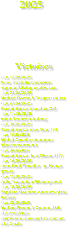 2025     Victoires - Le 12/01/2025 Arno Travaill champion rgional Ufolep cyclocross - Le 21/04/2025 Matho Roche  Forges (route) - Le 27/04/2025 Pascal Baron  Luchac(33) - Le 11/05/2025 Alain Renard  Aulnay. - Le 31/05/2025 Pascal Baron  Le Gua (17) - Le 1/06/2025 Michel Gavelle champion dpartemental A3 - Le 8/06/2025 Pascal Baron Ile dOleron (17) - Le 14/06/2025 Jean-Paul Travaill  au Kenya gravel - Le 15/06/2025 Julie Travaill  Millau gravel - Le 18/06/2025 Baptiste Houblon omnium piste Aulnay - Le 22/062025 Matho Roche  Quenne (89) - Le 27/06/2025 Jean-Pierre Guinebert en omnium   La Cipale