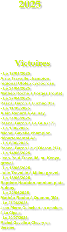 2025     Victoires - Le 12/01/2025 Arno Travaill champion rgional Ufolep cyclocross - Le 21/04/2025 Matho Roche  Forges (route) - Le 27/04/2025 Pascal Baron  Luchac(33) - Le 11/05/2025 Alain Renard  Aulnay. - Le 31/05/2025 Pascal Baron  Le Gua (17) - Le 1/06/2025 Michel Gavelle champion dpartemental A3 - Le 8/06/2025 Pascal Baron Ile dOleron (17) - Le 14/06/2025 Jean-Paul Travaill  au Kenya gravel - Le 15/06/2025 Julie Travaill  Millau gravel - Le 18/06/2025 Baptiste Houblon omnium piste Aulnay - Le 22/062025 Matho Roche  Quenne (89) - Le 27/06/2025 Jean-Pierre Guinebert en omnium   La Cipale - Le 20/07/2025 Michel Gavelle  Chevry en Sereine