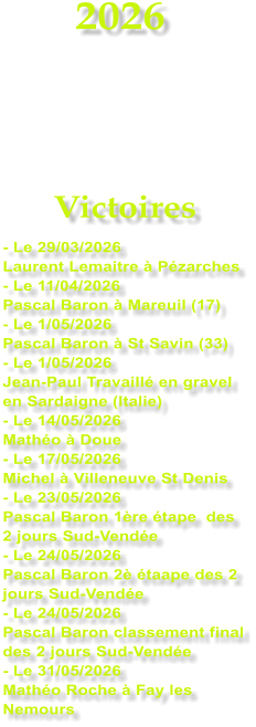 2026    Victoires - Le 29/03/2026 Laurent Lemaitre � P�zarches - Le 11/04/2026  Pascal Baron � Mareuil (17) - Le 1/05/2026 Pascal Baron � St Savin (33) - Le 1/05/2026 Jean-Paul Travaill� en gravel en Sardaigne (Italie) - Le 14/05/2026 Math�o � Doue - Le 17/05/2026 Michel � Villeneuve St Denis - Le 23/05/2026 Pascal Baron 1�re �tape  des 2 jours Sud-Vend�e - Le 24/05/2026 Pascal Baron 2� �taape des 2 jours Sud-Vend�e - Le 24/05/2026 Pascal Baron classement final des 2 jours Sud-Vend�e - Le 31/05/2026 Math�o Roche � Fay les Nemours