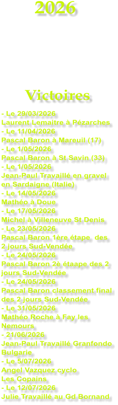 2026    Victoires - Le 29/03/2026 Laurent Lemaitre � P�zarches - Le 11/04/2026  Pascal Baron � Mareuil (17) - Le 1/05/2026 Pascal Baron � St Savin (33) - Le 1/05/2026 Jean-Paul Travaill� en gravel en Sardaigne (Italie) - Le 14/05/2026 Math�o � Doue - Le 17/05/2026 Michel � Villeneuve St Denis - Le 23/05/2026 Pascal Baron 1�re �tape  des 2 jours Sud-Vend�e - Le 24/05/2026 Pascal Baron 2� �taape des 2 jours Sud-Vend�e - Le 24/05/2026 Pascal Baron classement final des 2 jours Sud-Vend�e - Le 31/05/2026 Math�o Roche � Fay les Nemours - 21/06/2026 Jean-Paul Travaill� Granfondo Bulgarie - Le 5/07/2026 Angel Vazquez cyclo  Les Copains - Le 12/07/2026 Julie Travaill� au Gd Bornand